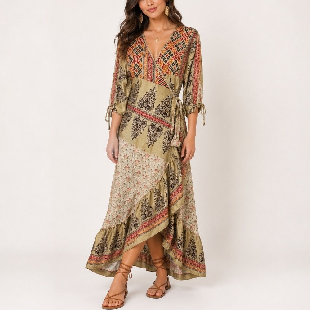Darn Good Silk Wrap Dress Women 0-12 Floral Boho Maxi Ruffle Adjustable NEW